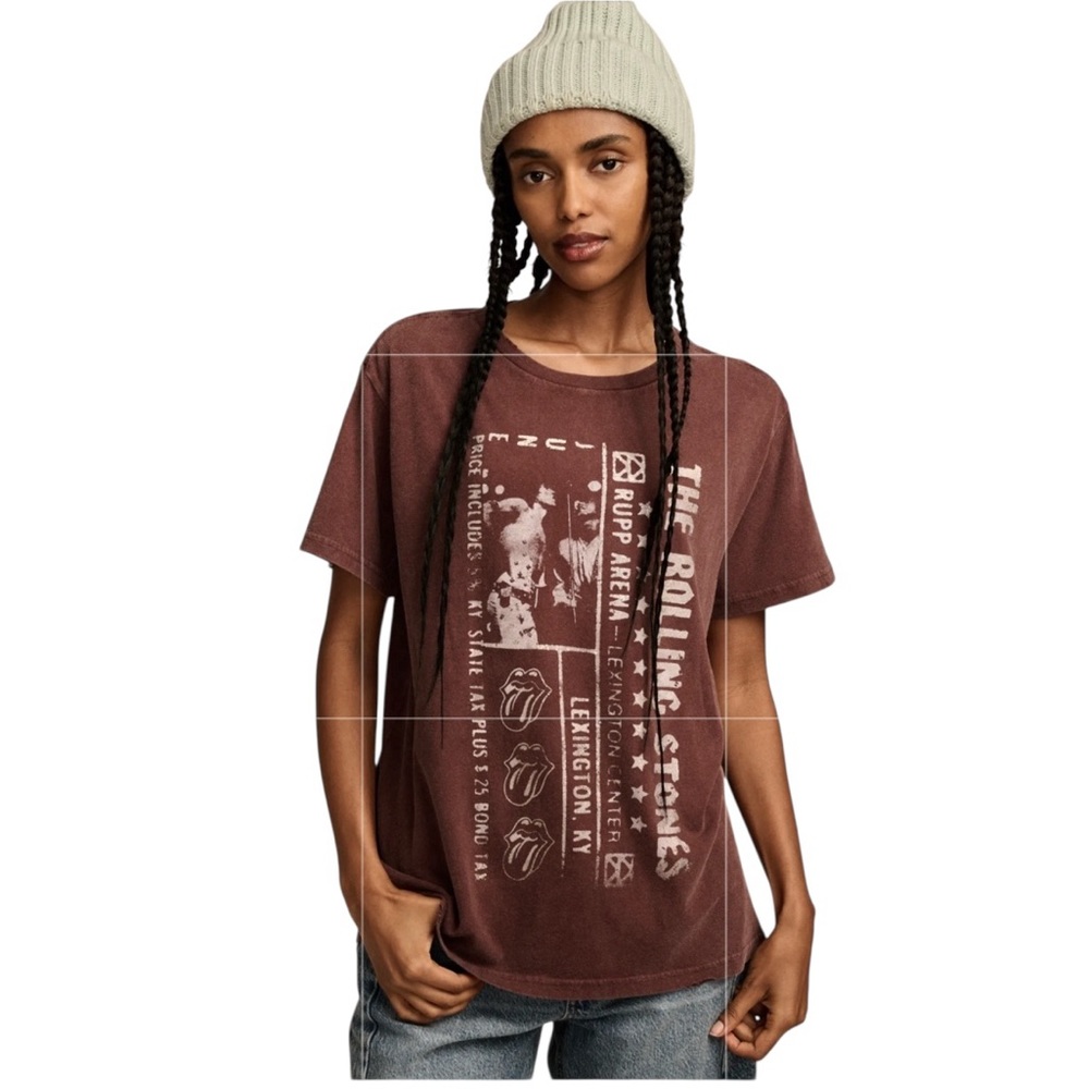 Rolling Stones Lucky Brand Women’s Small Ticket Boyfriend Tee chocolate NWT